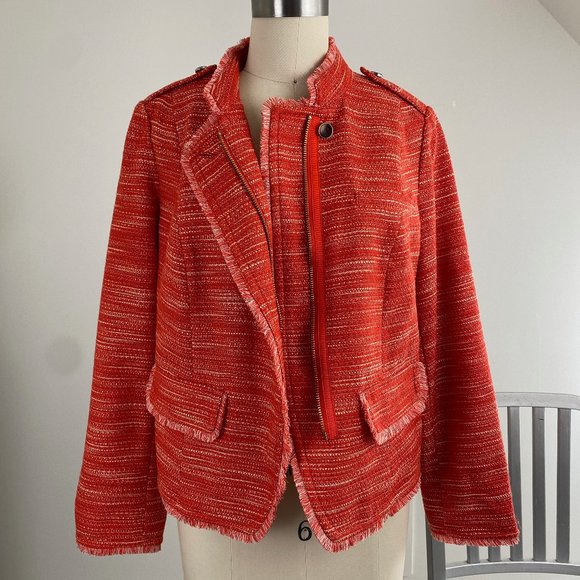 NWT CHICO'S Textured Fringed Orange Moto Military Biker JACKET 1 - Picture 1 of 5